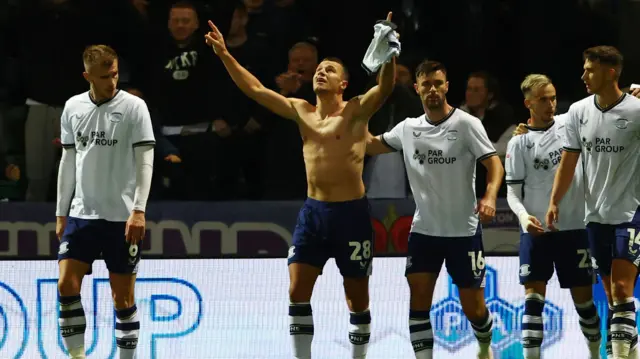 Milutin Osmajic celebrates giving Preston the lead v Birmingham