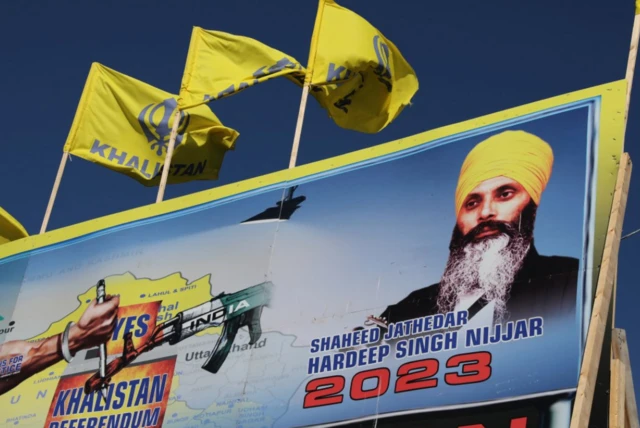 A mural features the image of Nijjar on the grounds of the Guru Nanak Sikh Gurdwara temple in Surrey, British Columbia, Canada