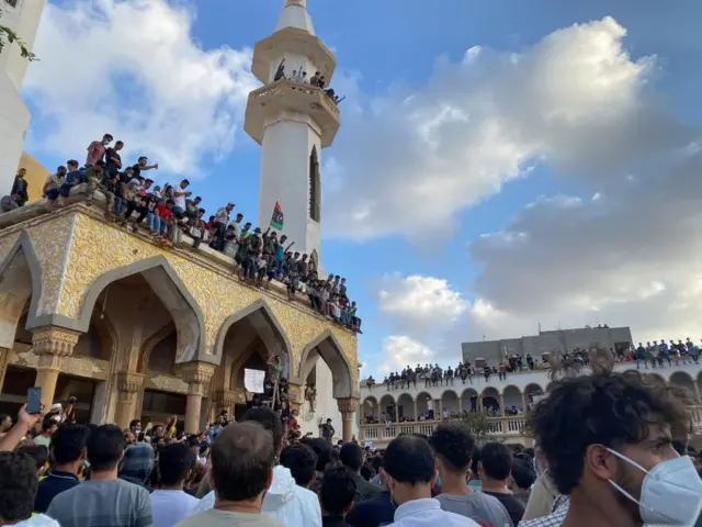 Demonstrators take part in a protest outside of the Al-Sahaba mosque against the government, in the aftermath of the floods in Derna, Libya - 18 September 2023