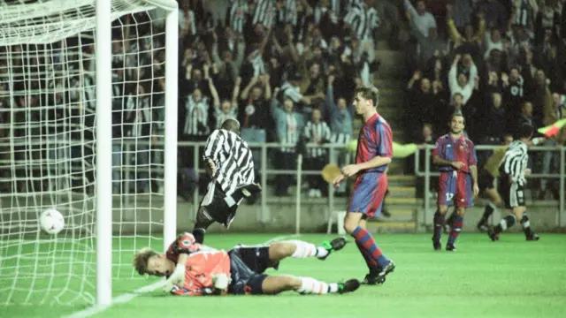 Faustino Asprilla scores against Barcelona in 1997