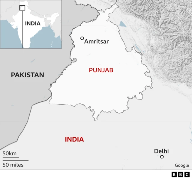 A map showing Punjab state located in the northwest part of India