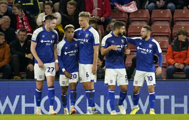 Ipswich celebrate Omari Hutchinson's goal