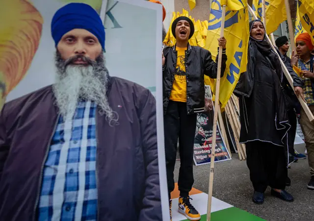 Protesters chant outside of the Consulate General of India office during a protest for the recent shooting of Shaheed Bhai Hardeep Singh Nijjar in Vancouver on Saturday, June 24, 2023.