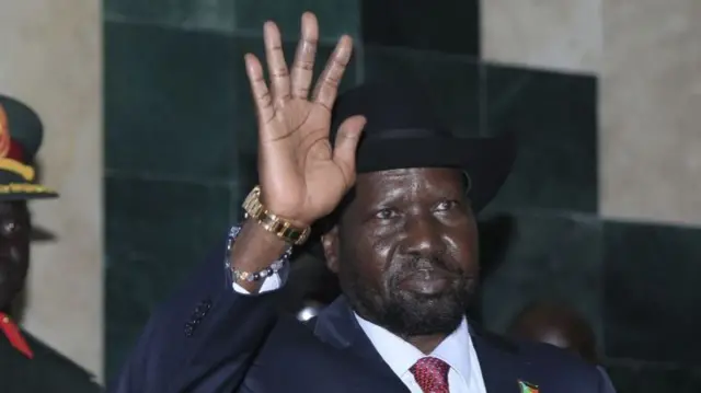 South Sudan President Salva Kiir (R) waves as he attends a session at the National Parliament in Juba, on May 14, 2019.