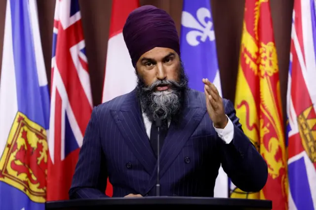 Jagmeet Singh gestures speaking at a dais in front of the flags of Canada's provinces