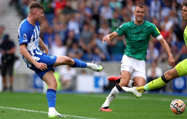 Evan Ferguson pokes it past Nick Pope