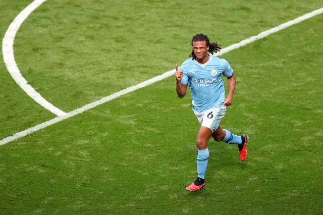 Nathan Ake celebrates putting City ahead by one goal