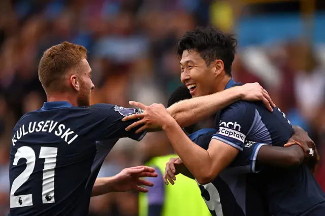 Heung-Min Son of Tottenham Hotspur celebrates with teammate Dejan Kulusevski