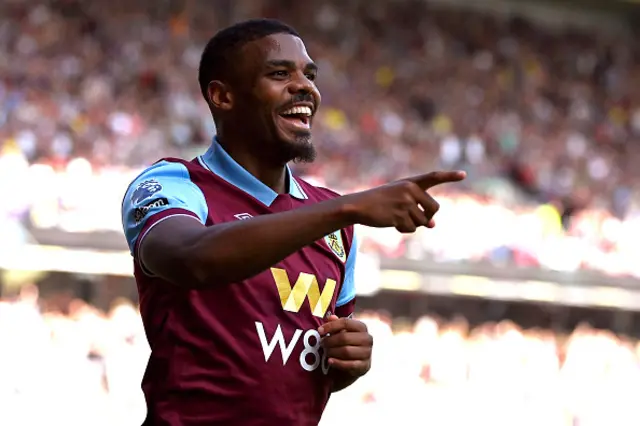 Lyle Foster of Burnley celebrates after scoring the team's first goal