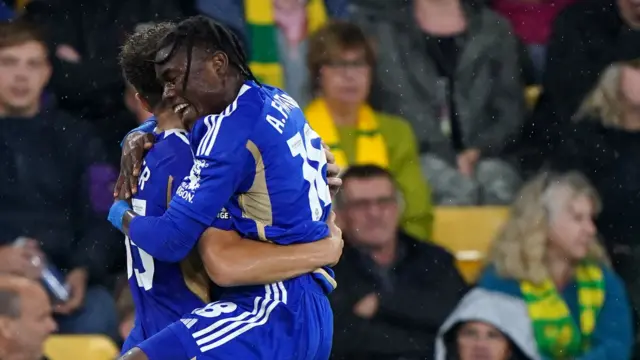 Leicester celebrate their second goal against Norwich