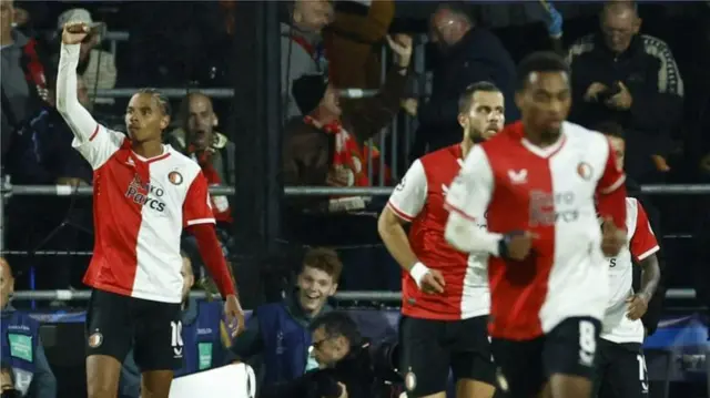 Calvin Stengs celebrates scoring for Feyenoord