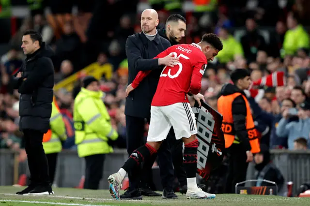 Erik Ten Hag substituting Jadon Sancho off last season in a Europa League game