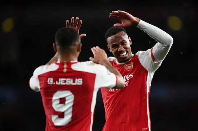 Gabriel Jesus of Arsenal celebrates with teammate Gabriel