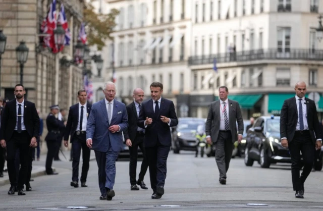 Macron and King Charles walked in the street from the Elysee Palace to the residence of the British ambassador to France - 20 September 2023