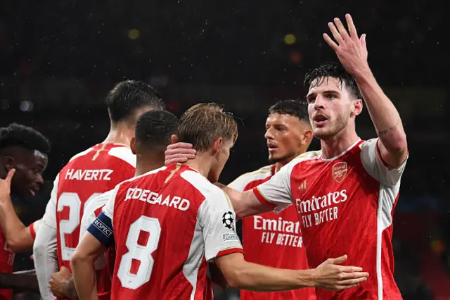 Declan Rice with teammates celebrating the second goal