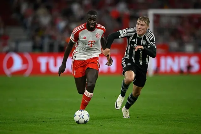 Bayern Munich's French defender Dayot Upamecano and Manchester United's Danish striker Rasmus Hojlund