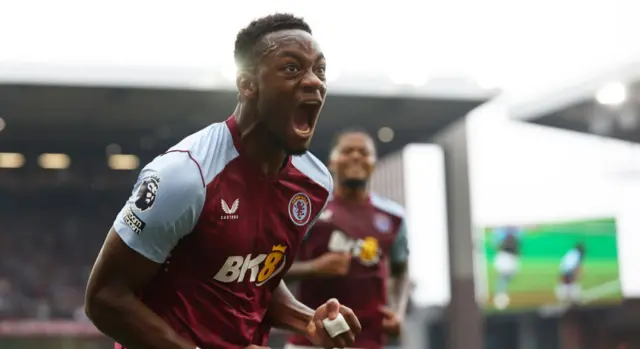 Jhon Duran screams in delight after scoring for Villa.