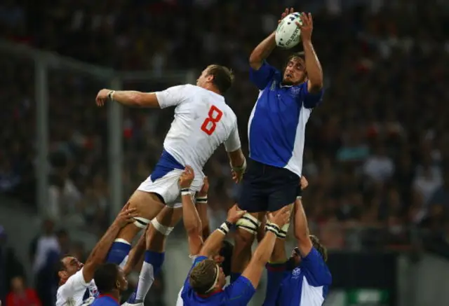 Jacques Burger of Namibia wins a line out against Julien Bonnaire