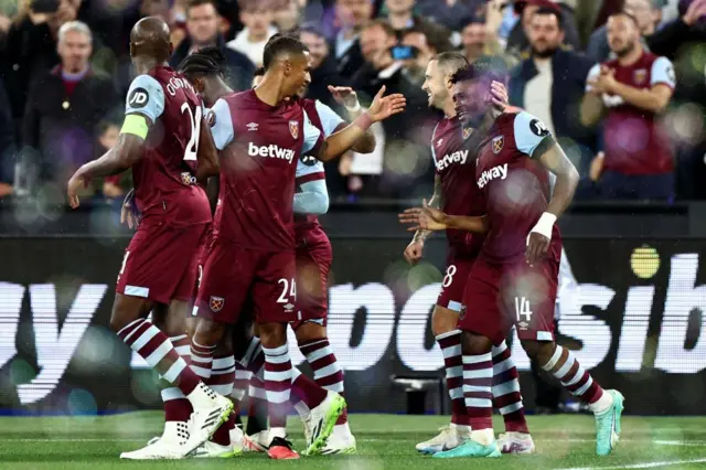 West Ham players congratulate Kudus after his second goal.