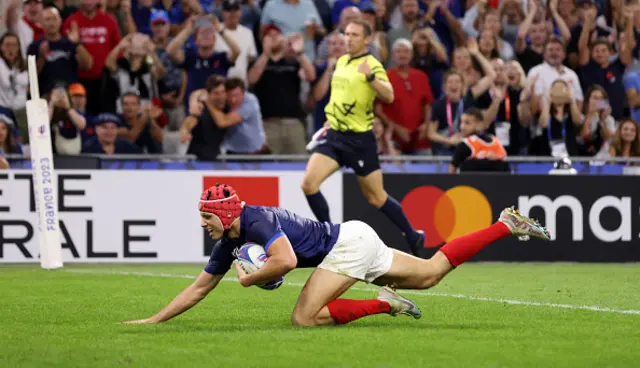 Louis Bielle-Biarrey of France scores the team's eleventh try