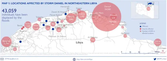 Map of Libya showing those displaced by floods