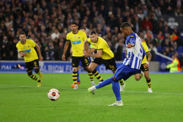 Joao Pedro slots home his second penalty of the night to equalise again.