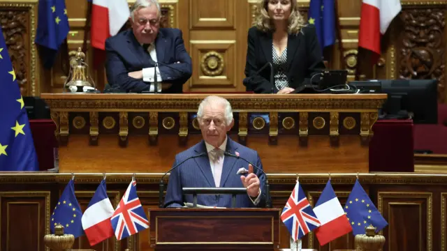 Britain's King Charles addresses Senators and members of the National Assembly at the French Senate, the first time a member of the British Royal Family has spoken from the Senate Chamber, in Paris on September 21, 2023