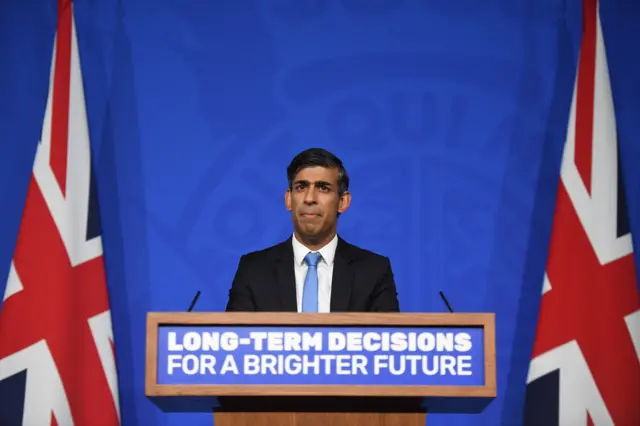 The United Kingdom's Priime Minister Rishi Sunak speaks at a news conference in Downing Street