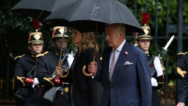 King Charles arrives at the Senate alongside the President of the French National Assembly Yael Braun-Pivet