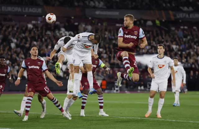 Soucek heads in the third goal for West Ham to seal their win.