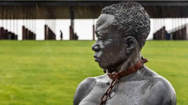 Ghanaian artist Kwame Akoto-Bamfo's Nkyinkim sculpture, dedicated to the memory of the victims of the transatlantic slave trade at the entrance of the National Memorial for Peace And Justice in Montgomery, Alabama, the US