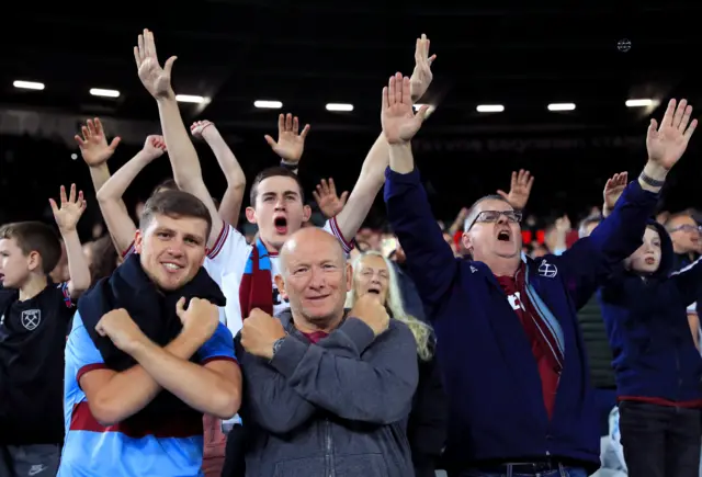 West Ham fans sing their side's praises after their third goal.