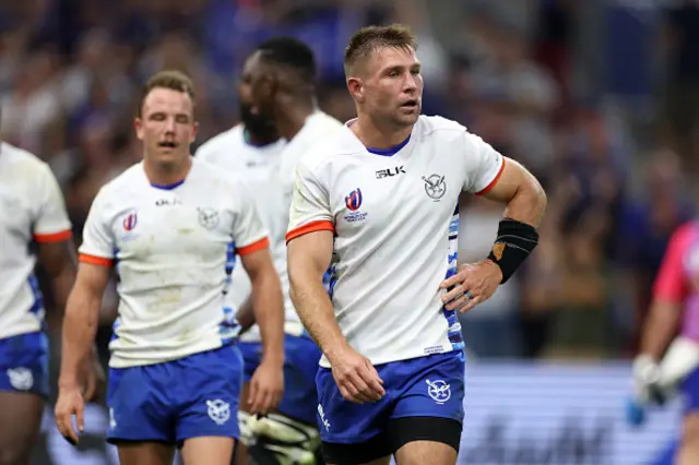 Johan Deysel of Namibia looks dejected after his yellow card