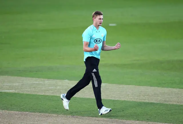 Gus Atkinson celebrates taking a wicket for Surrey during the 2020 T20 Blast