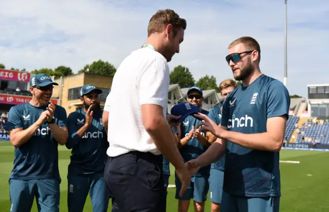 England's Gus Atkinson is presented his ODI cap by Stuart Broad ahead of his debut against New Zealand in Cardiff