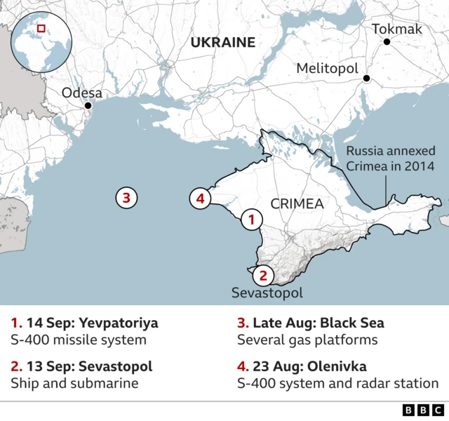 Map showing the four locations in western Crimea hit by Ukraine in recent weeks