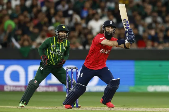 England's Moeen Ali plays a shot against Pakistan in the 2022 T20 World Cup final