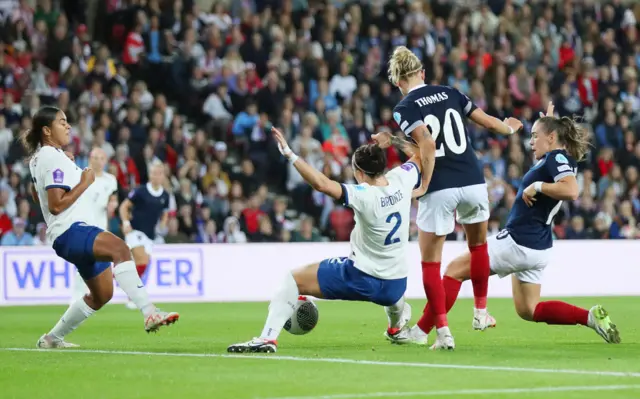 Kirsty Hanson pokes home a goal for Scotland ahead of Bronze.