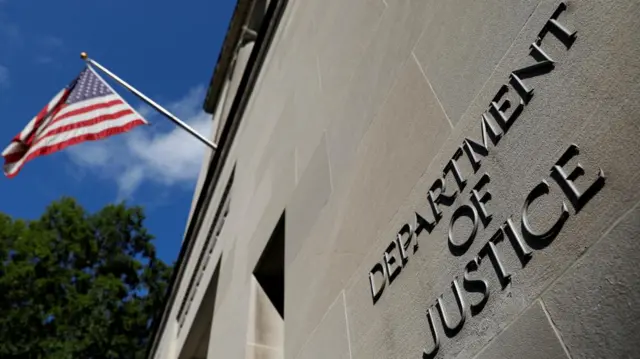 ignage is seen at the United States Department of Justice headquarters in Washington, D.C., U.S., August 29, 2020