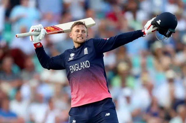 England's Joe Root celebrates his century against Bangladesh in the 2017 Champions Trophy game at The Oval