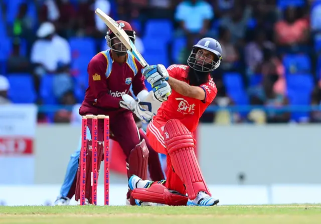 England's Moeen Ali plays a shot against West Indies on his one-day international debut in 2014