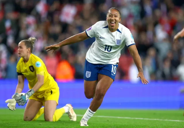 Lauren James celebrates before seeing her goal is disallowed