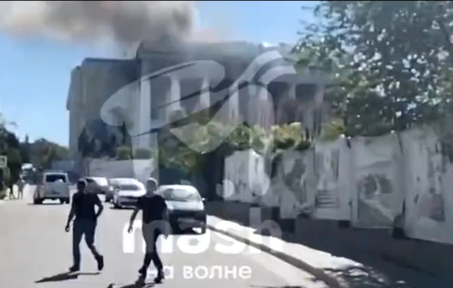 Smoke coming out of building that appears to be the HQ of the Russian Black Sea fleet in Crimea