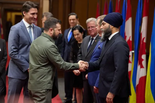 Zelensky seen here being greeted by New Democratic Party leader Jagmeet Singh