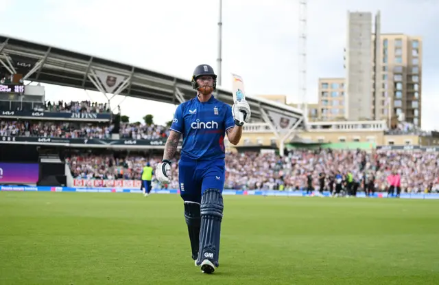 Ben Stokes salutes the Oval crowd as walks off against New Zealand after making England's highest one-day international score