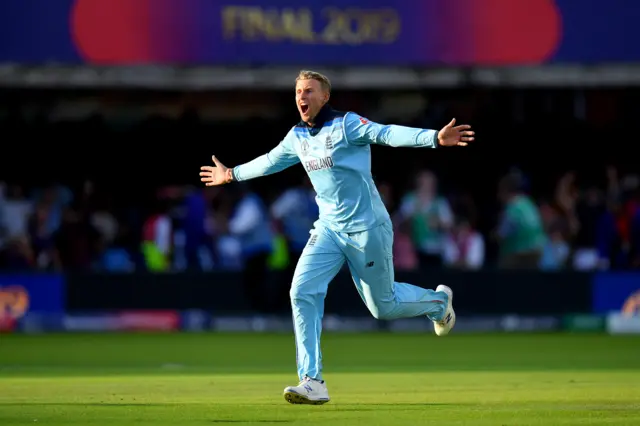 England's Joe Root celebrates them beating New Zealand to win the 2019 Cricket World Cup at Lord's