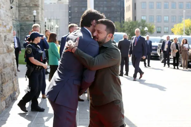 Trudeau and Zelensky exchanged hugs as the Ukrainian president arrived on Parliament Hill in Ottawa