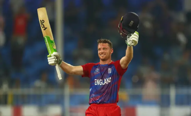 Jos Buttler celebrates reaching his century against Sri Lanka at the 2021 T20 World Cup in Sharjah