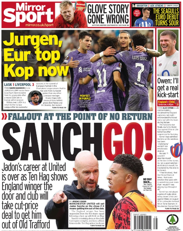 Back page of the Daily Mirror on 22 September 2023