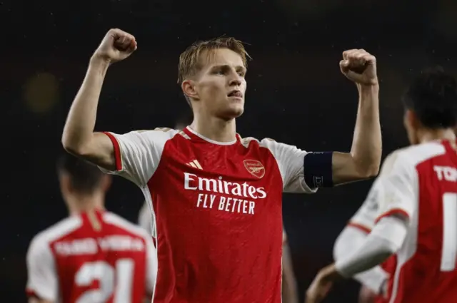 Martin Odegaard celebrates scoring for Arsenal against PSV Eindhoven